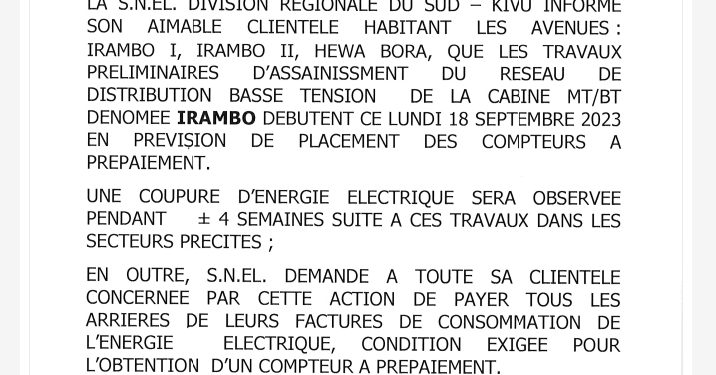 Bukavu/ Snel : Les avenues Irambo 1, 2 et Hewa bora seront dépourvues de l’électricité pendant 4 semaines suite aux travaux préliminaires de placement des compteurs cash power dans ces entités
