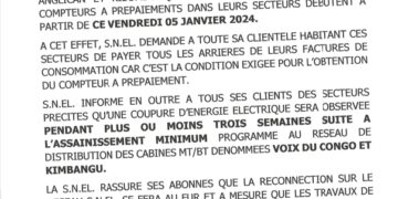 Bukavu : Les travaux de placement des compteurs à pré paiement cash power dans les avenues la voix du Congo, Kimbangu, Anglican débutent ce vendredi 05/01/2024