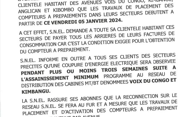 Bukavu : Les travaux de placement des compteurs à pré paiement cash power dans les avenues la voix du Congo, Kimbangu, Anglican débutent ce vendredi 05/01/2024