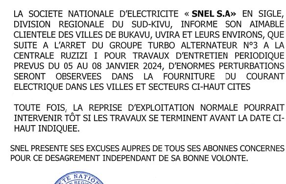 Sud Kivu : Arrêt de l’un des groupes TA de la SNEL à la centrale Ruzizi 1 pour des travaux d’entretien, des perturbations dans la fourniture du courant électrique seront observées momentanément dans les villes de Bukavu et Uvira