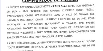 Usurpation de l’identité de la SNEL à Bukavu : les auteurs activement recherchés