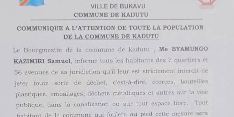 Kadutu : Le bourgmestre sous l’AFC-M23, Byamungo Kazimiri interdit de jeter les déchets plastiques et métalliques sur la voie publique et dans les canalisations