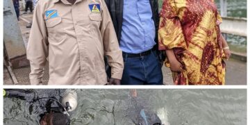 Bukavu : Le maire de la ville Ladis Muganza et le Dp de la SNEL Jovy Mulemangabo assistent aux travaux de nettoyage de grille du barrage de la centrale hydroélectrique par les plongeurs