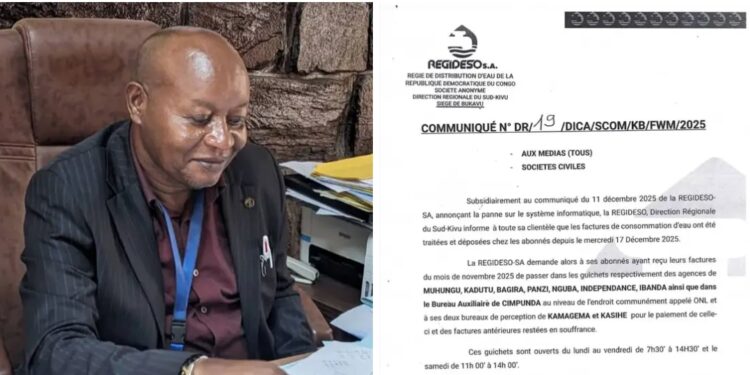 Bukavu : La Regideso rassure pour les fêtes, invite au paiement des factures de Novembre et prévient des mesures contre les retardataires