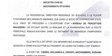 Bukavu : REGIDESO-Sud-Kivu inaugure le bureau « Brasserie » sur l’axe (Bralima–Pharmakina), au service de la population de Cikera, Mulambula, Cikonyi, Michombero, Burhiba, Cibera et Bwindi.