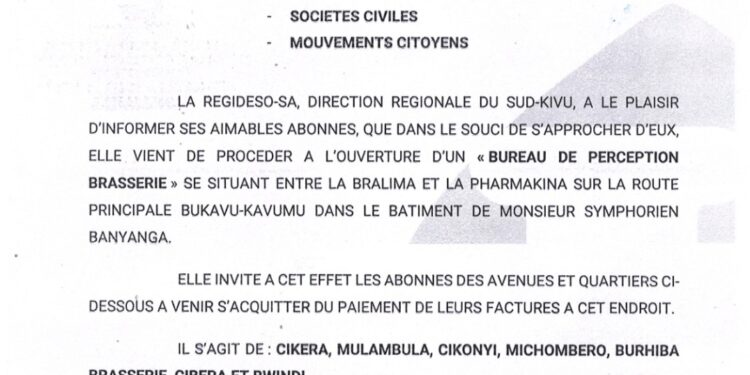 Bukavu : REGIDESO-Sud-Kivu inaugure le bureau « Brasserie » sur l’axe (Bralima–Pharmakina), au service de la population de Cikera, Mulambula, Cikonyi, Michombero, Burhiba, Cibera et Bwindi.