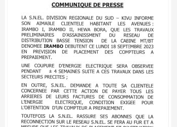 Bukavu/ Snel : Les avenues Irambo 1, 2 et Hewa bora  seront dépourvues de l&rsquo;électricité pendant 4 semaines suite aux travaux préliminaires de placement des compteurs cash power dans ces entités