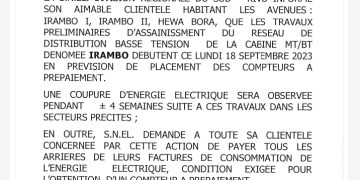 Bukavu/ Snel : Les avenues Irambo 1, 2 et Hewa bora  seront dépourvues de l&rsquo;électricité pendant 4 semaines suite aux travaux préliminaires de placement des compteurs cash power dans ces entités