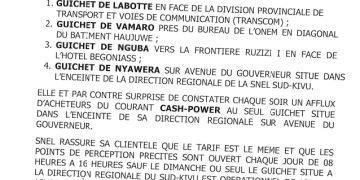 Bukavu : l&rsquo;engagement de la SNEL avec le  cash-power dans 4 sites de vente et bientôt dans d&rsquo;autres sites