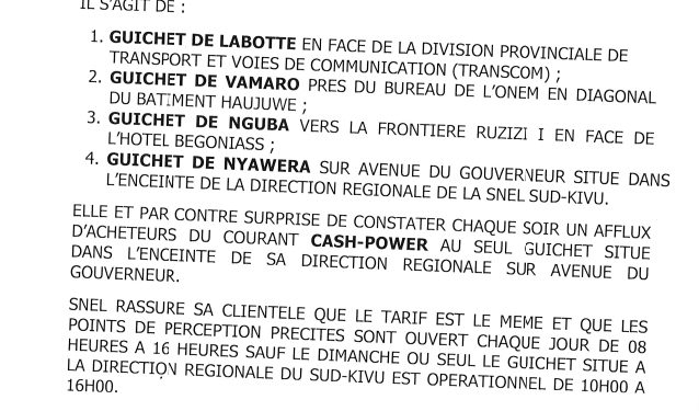 Bukavu : l&rsquo;engagement de la SNEL avec le  cash-power dans 4 sites de vente et bientôt dans d&rsquo;autres sites