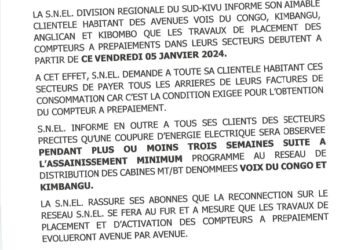 Bukavu : Les travaux de placement des compteurs à pré paiement cash power dans les avenues la voix du Congo, Kimbangu, Anglican débutent ce vendredi 05/01/2024