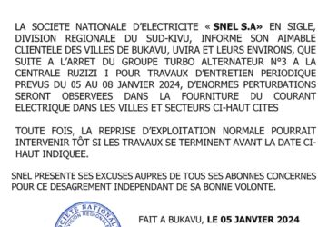 Sud Kivu : Arrêt de l&rsquo;un des groupes TA de la SNEL à la centrale Ruzizi 1 pour des travaux d&rsquo;entretien, des perturbations dans la fourniture du courant électrique seront observées momentanément dans les villes de Bukavu et Uvira