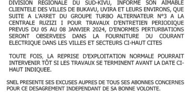 Sud Kivu : Arrêt de l&rsquo;un des groupes TA de la SNEL à la centrale Ruzizi 1 pour des travaux d&rsquo;entretien, des perturbations dans la fourniture du courant électrique seront observées momentanément dans les villes de Bukavu et Uvira