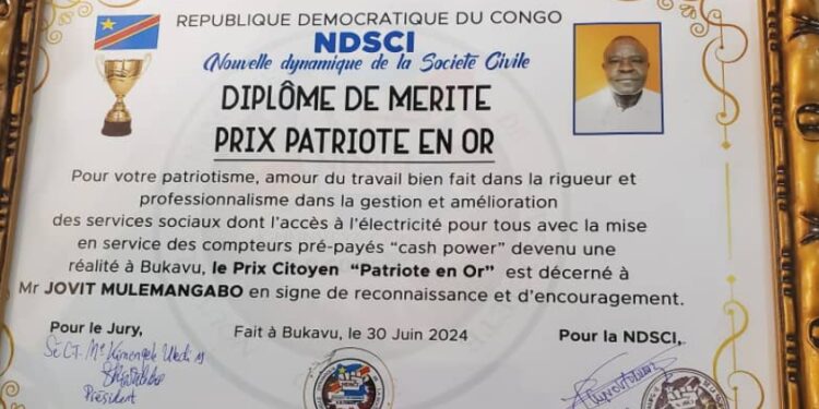 Sud-kivu : Pour son travail abattu dans l’opération Cash power à Bukavu, Jovy MULEMANGABO, Dp de la SNEL décoré patriote en or par la NDSCI