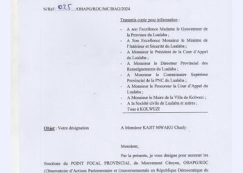 RDC: KAJIT MWAKU Charly désigné point focal provincial du mouvement citoyen OBAPG RDC dans la province de Lualaba