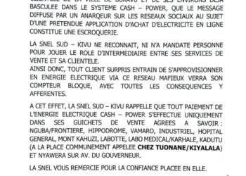 Bukavu : la SNEL Sud-Kivu met en garde contre une fausse application d’achat d’électricité en ligne