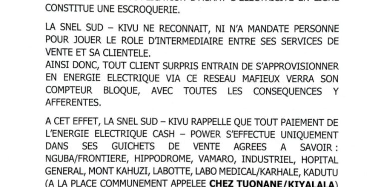 Bukavu : la SNEL Sud-Kivu met en garde contre une fausse application d’achat d’électricité en ligne