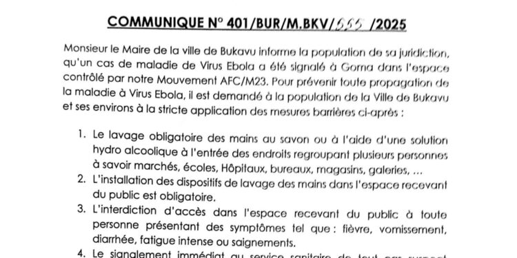 BUKAVU : Le maire de la ville appelle à une vigilance collective face au risque de propagation du virus Ebola